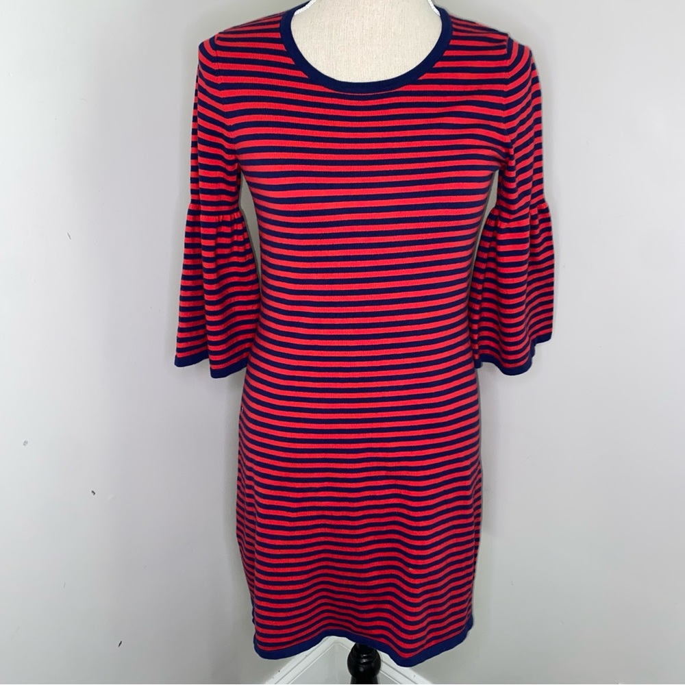 Sail to Sable red & navy blue striped 3/4 bell sleeve sweater dress size Small